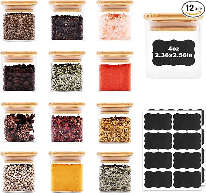 Glass Food Storage Jars Square 4oz, 12 Pack Glass Jars With Bamboo Lids, Kitchen Storage Containers For Spice, Candy, Cookie, Storage For Pantry Organizers-Ruum Studio Home