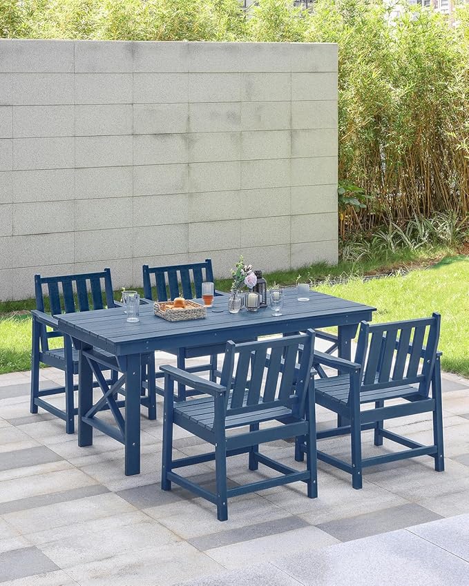 HDPE Patio Dining Set, 5-Piece Outdoor Table and Chairs with Umbrella Hole, Modern Outdoor Dining Set for 4, HDPE Outdoor Patio Furniture Dining Sets for Deck, Poolside, Porch, Navy-Ruum Studio Home