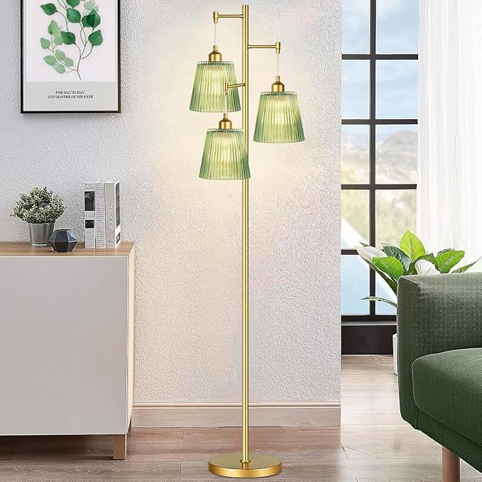Gold Floor Lamp for Living Room,Bedroom,Mid Century Modern Standing Lamp Brass Tree 3 Light Tall Floor Lamps Vintage Retro Floor Lights Glass Green Flower Lamp Shade Farmhouse Boho Bohemian-Ruum Studio Home