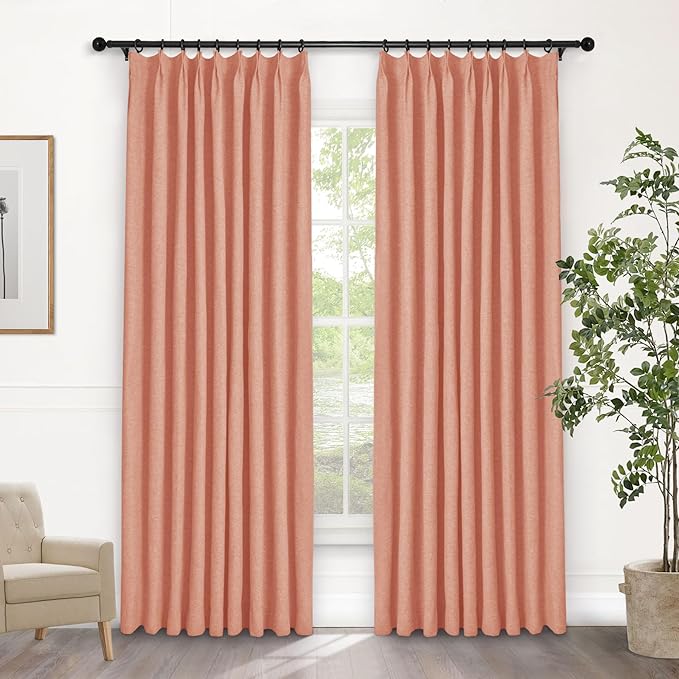 Macochico Pinch Pleated 100% Blackout Curtains Orange Linen Curtains for Bedroom Living Room Farmhouse Thermal Insulated Window Panels Pleated Curtains with Hooks and Tieback 52”Wx72”L 1 Panel-Ruum Studio Home