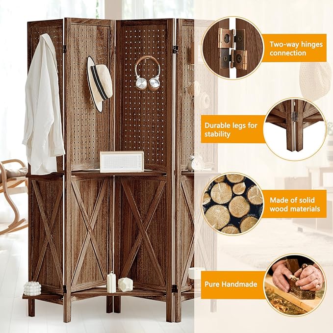 4 Panel Pegboard Display with 16 Hooks, Wooden Pegboard Room Divider Wall with Shelf, Rustic Room Dividers and Folding Privacy Screens, Bedroom, Jewelry Store, Brown-Ruum Studio Home