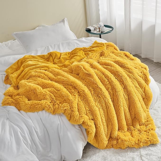 GONAAP Fuzzy Faux Fur Throw Blanket Mustard Yellow Super Soft Cozy Plush Fuzzy Shaggy Blanket for Couch Sofa Bed (Mustard Yellow, Throw(50"x60"))-Ruum Studio Home