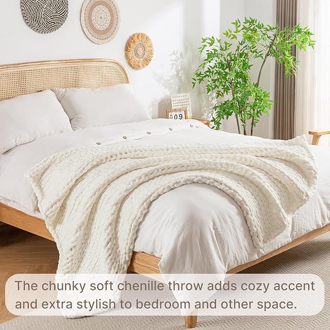 Chunky Knit Blanket Throw, 100% Hand Knit Throw Blanket Handmade Chenille Cable Knit Throw for Couch, Stylish Cozy Soft Rope Knot Crochet Blanket for Home Decor, Ivory, 50x60 Inches-Ruum Studio Home