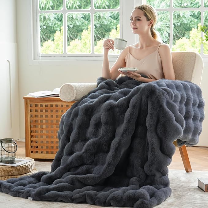 BENVWE Faux Fur Throw Blanket for Couch – Cozy Fuzzy Soft Plush Fluffy Thick Luxury Minky Bubble Blanket for Living Room Home Decor – Fathers Day Birthday Gifts for Women and Men, Grey, 51" x 63"-Ruum Studio Home