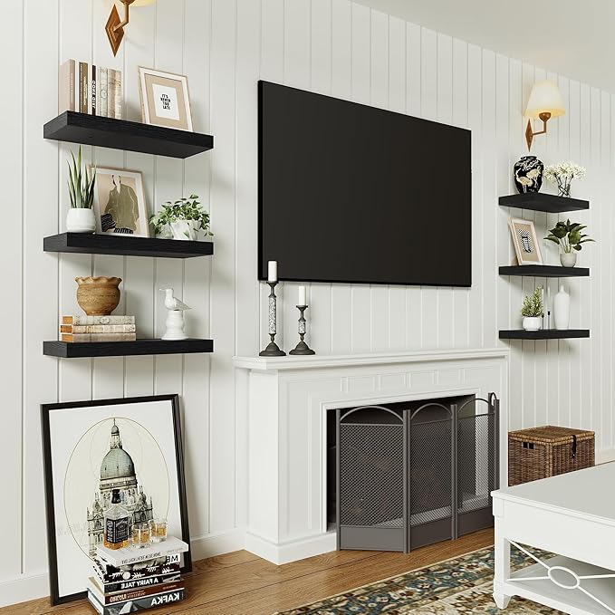 Black Floating Shelves for Wall, 16 inchs x 6.7” deep x 1.4” Wall Shelf for Bathroom Bedroom, Living Room, Kitchen, Office Home Decor, Narrow Wood Shelves with Invisible Brackets Set of 2-Ruum Studio Home