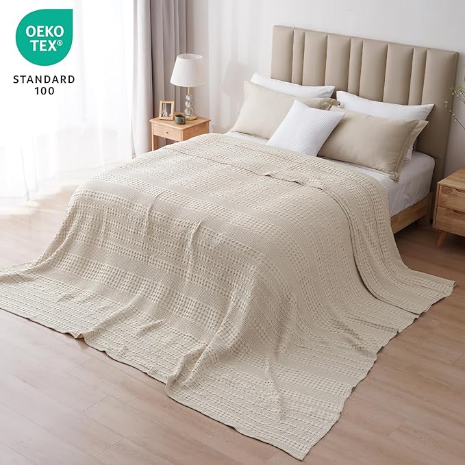 PHF 100% Cotton Waffle Blanket Oversized King 120"x120", Lightweight Breathable Extra Large 10'x10' Summer Blankets for Bed, Giant Big Luxury Aesthetic Woven Bedding for Home Decor, Oatmeal-Ruum Studio Home