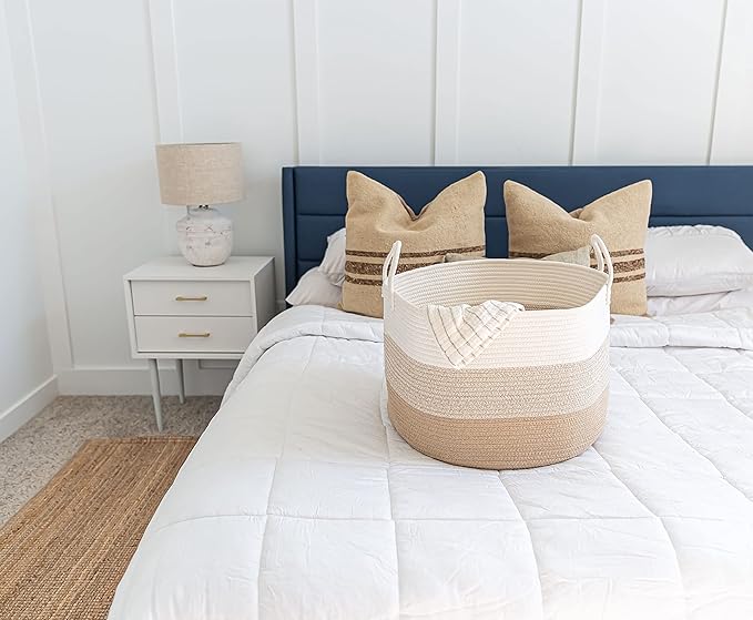 OrganiHaus Extra Large Blanket Basket for Living Room 20x13, Natural Cotton Rope Laundry Basket, Sturdy Hamper for Toy Storage, Cushions & Pillows Storage Bin, Nursery Decor Hamper - Honey-Ruum Studio Home