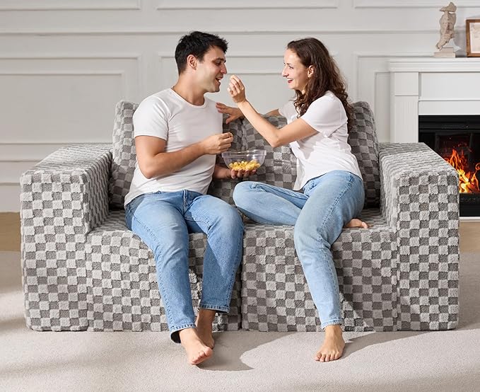 Modular Sectional Sofa 2 Seater Loveseat Modular Couch with Deep Seat Memory Foam Cloud Chair with Pillows Oversized Sectional Sofa for Living Room Bedroom (Plush Grey, Loveseat)-Ruum Studio Home