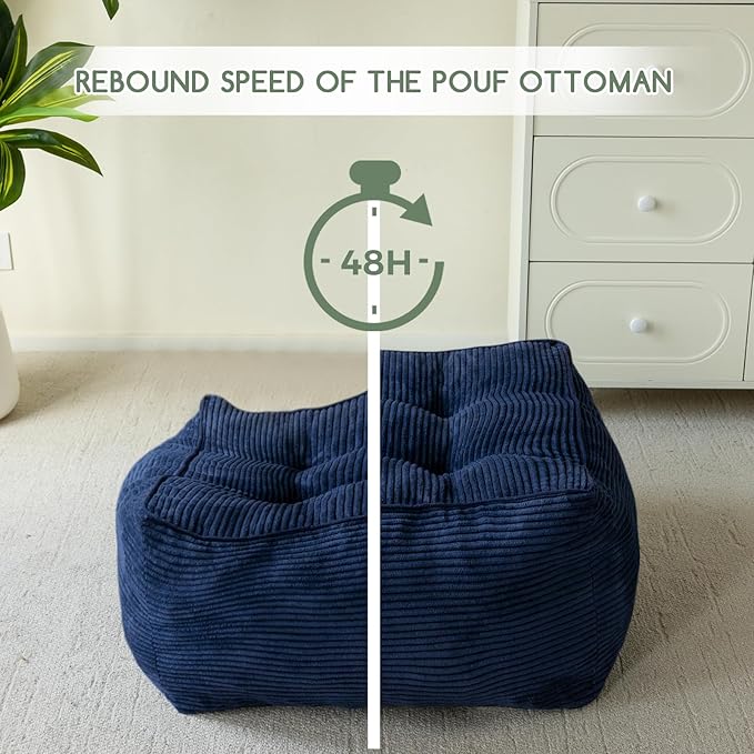 HIGOGOGO Square Stuffed Pouf Ottoman, Corduroy Poufs with Foam Chunk Filling, Furry and Fluffy Pouf Foot Stool Storage Ottoman, 25.6 X 25.6 Floor Poufs Foot Rest for Living Room, Navy-Ruum Studio Home