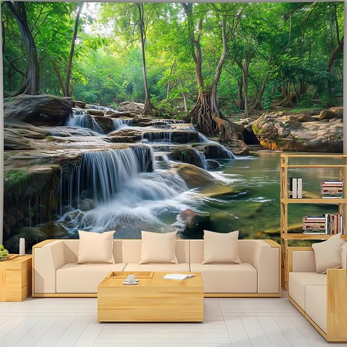BSFHH Nature Tapestry Forest Tree Sea Cave Wall Hanging, Stream Through Rainforest Landscape Wall Art Tapestry for Bedroom Living room (Creek, 90"×70", Unframed)-Ruum Studio Home