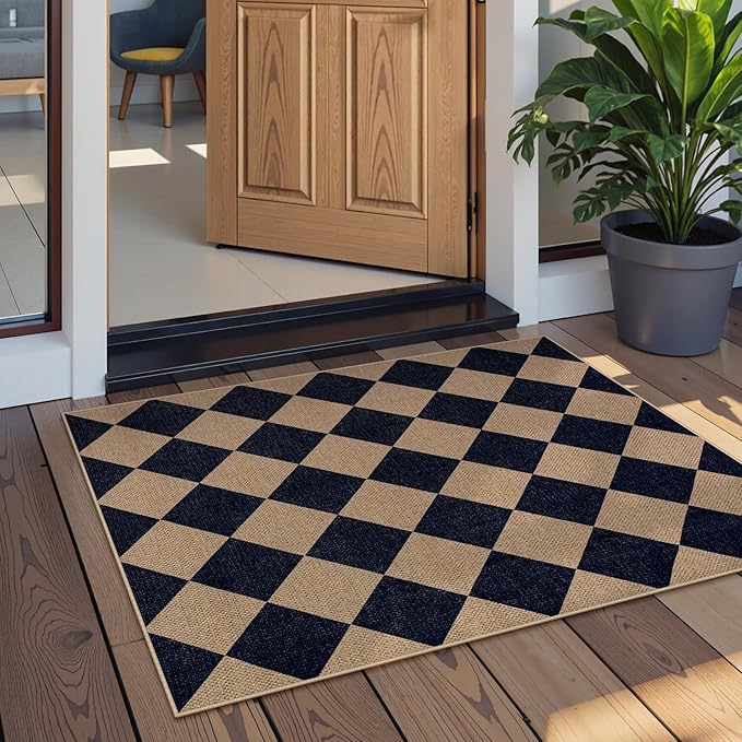Lahome Checkered Easy Jute Kitchen Rug, 2x3 Indoor Door Mat Small Neutral Area Rug, Farmhouse Diamond Non Slip Non Shedding Lightweight Floor Carpet for Entry Porch-Ruum Studio Home