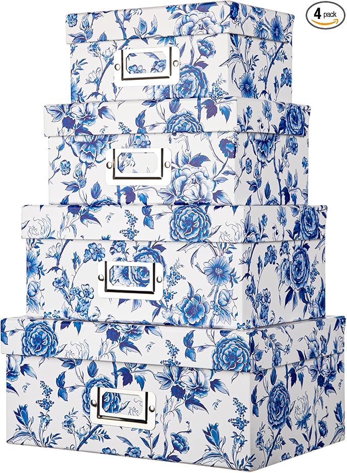 Briful Decorative Photo Storage Boxes with Lids, Set of 4 – Blue and White Porcelain Pattern, Nested Card Storage Box Organizer, Decorative Paperboard Box for Closet, Office, Gifts-Ruum Studio Home