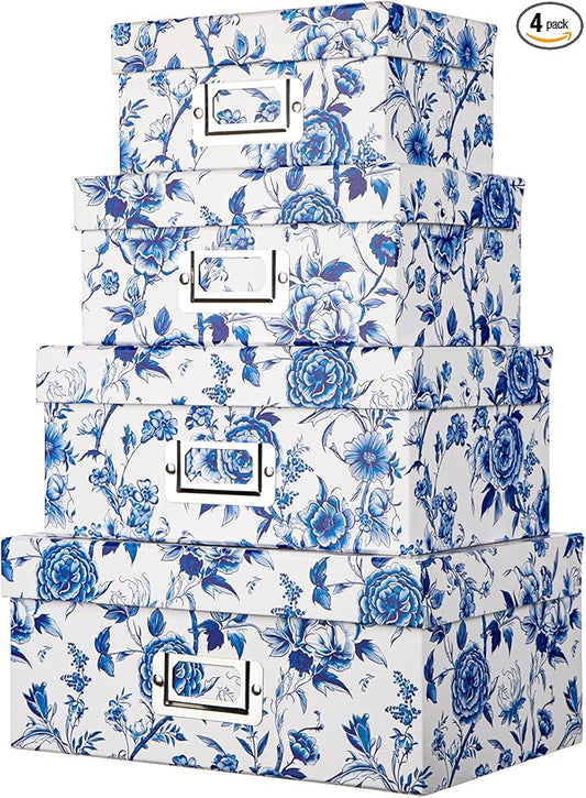 Briful Decorative Photo Storage Boxes with Lids, Set of 4 – Blue and White Porcelain Pattern, Nested Card Storage Box Organizer, Decorative Paperboard Box for Closet, Office, Gifts-Ruum Studio Home