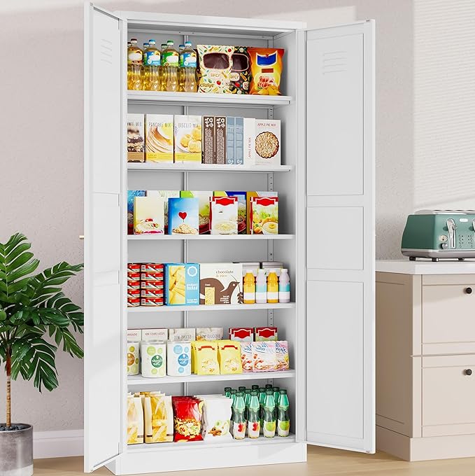 SISESOL White Metal Storage Cabinet,71" Tall Pantry Cabinet,Kitchen Pantry Storage Cabinets with 2 Doors and 6 Shelves,Wide Deep Food Cupboard for Home,Kitchen,Dining/Living Room-Ruum Studio Home