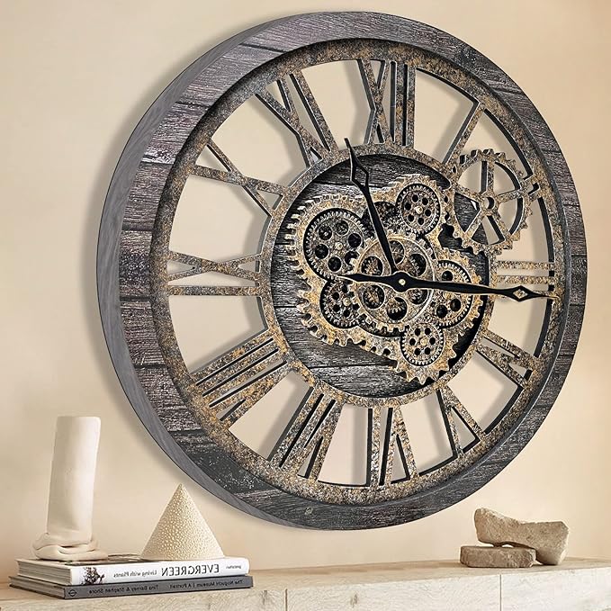 The B-Style Large Wall Clock 18 inch Moving Gear Wall Clock Oversized Vintage Farmhouse Wall Clocks for Living Room Decor Rustic Industrial Wood Clock (Carbon Gray)-Ruum Studio Home