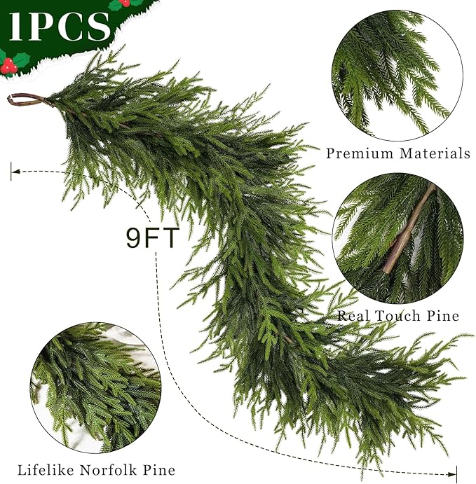 Artificial Norfolk Pine Garland - Faux Christmas Garland Fake Green Garland for Fireplace,Table, Stairs, Mantle, Window,Indoor Outdoor,Home,Holiday Decor (1 PCS,9 FT)-Ruum Studio Home