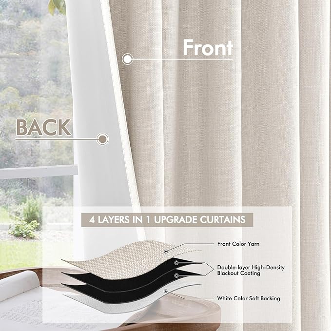 MIULEE 100% Blackout Curtains 84 Inch Long 2 Panels for Bedroom, Thick Luxury Faux Linen Black Out Curtain Room Darkening Back Tab Pleat Window Textured Drapes with Hooks for Living Room, Ivory-Ruum Studio Home