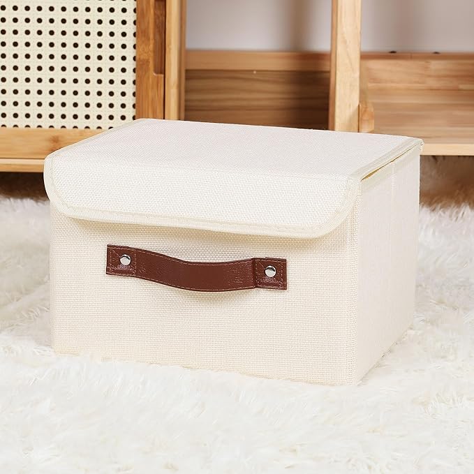 ANMINY Storage Bin with Lid Storage Boxes with PU Leather Handles PP Plastic Board Decorative Foldable Lidded Cotton Linen Fabric Home Cubes Baskets Closet Organizer Container - Beige, Small Size-Ruum Studio Home