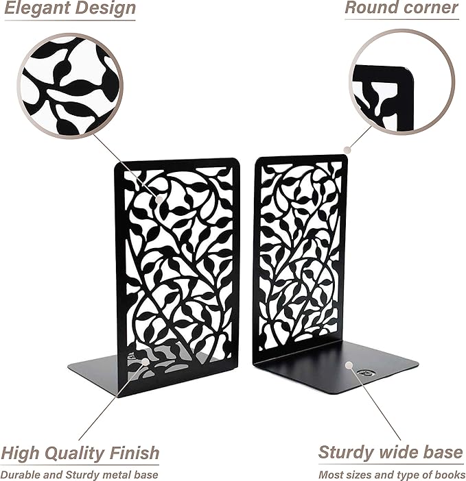 CNK Book Ends Bookends for Decorative Books Holder Bookend Shelves End Hold Heavy Duty Holders Stoppers Metal Stopper Cute Boho Bookshelf Holds Cookbook Office Home Set of 4 Bookends Pair Black-Ruum Studio Home