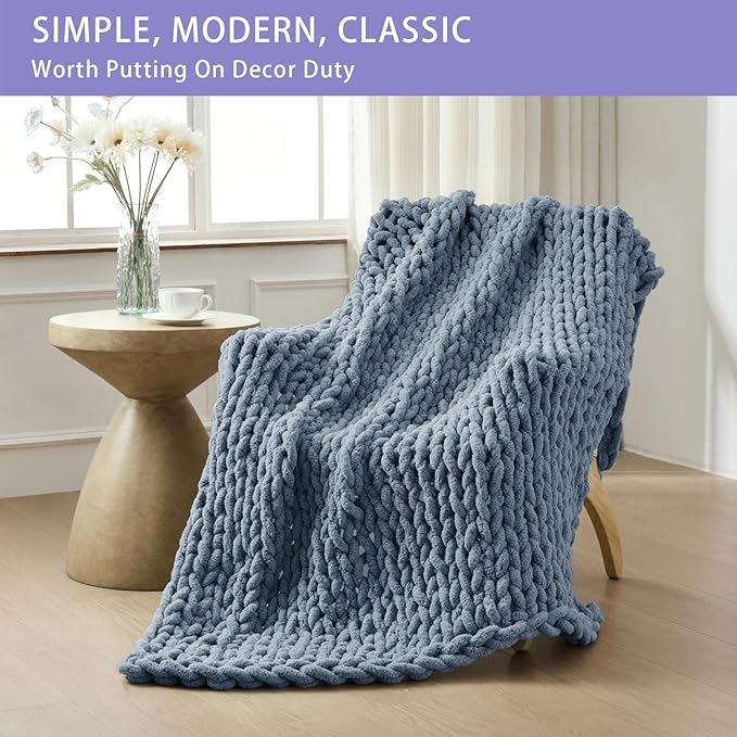 Bigacogo Chunky Knit Throw Blanket for Couch, 51x63 inches, 100% Hand Knitted with Thick Jumbo Chenille Yarn, Cozy Soft Large Rope Knot Cable Crochet Blankets for Sofa Bed Living Room, Cold Sea Blue-Ruum Studio Home