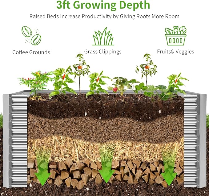 Land Guard 8x4x3ft Rectangular Galvanized Raised Garden Beds, Large-Capacity Metal Planter Box Outdoor, Durable Deep Raised Garden Bed 3ft Tall, Raised Beds for Gardening Vegetables, Classic Silver-Ruum Studio Home