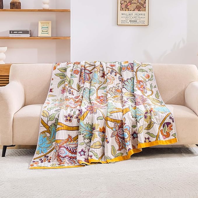 Boho Throw Blanket for Bed, 100% Cotton Soft Rustic Quilt Fall Blanket, 60"x80" Floral Printed Farmhouse Decor Bed Blankets, All Season Rustic Reversible Bohemian Throw Quilt-Ruum Studio Home