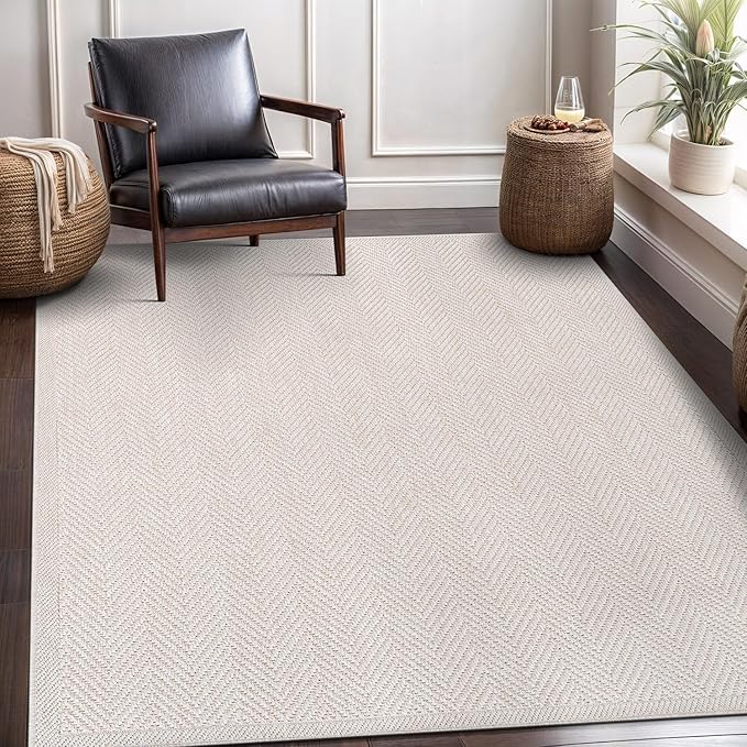 CAMILSON Easy Jute Rug 5x7, Indoor Outdoor Off-White Color Fiber Area Rugs for Living Room Patio and Kitchen Rug Herringbone Seagrass Woven Design Easy-Cleaning Washable Outside Carpet Alfombras 5 x 7-Ruum Studio Home