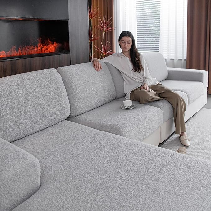 Couch Cushion Covers for Sectional Sofa, Stretch Soft Sofa Slipcovers Washable Wear-Resistant Universal Furniture Protector for Living Room(2 Seaters Covers+1 Chaise Cover, Light Gray)-Ruum Studio Home