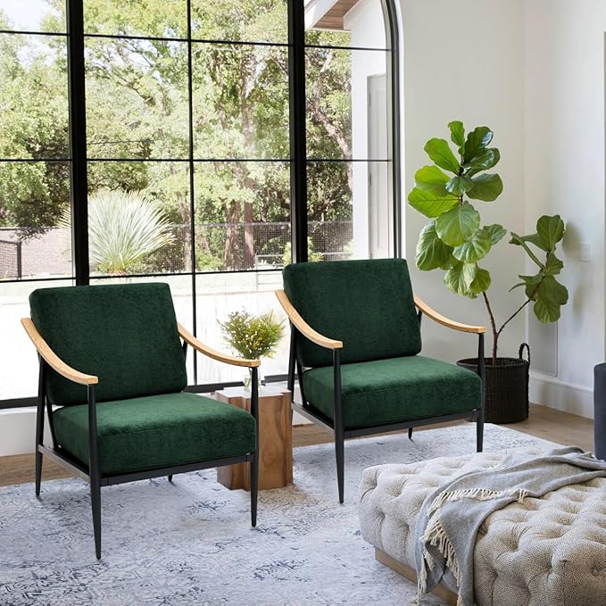 Modern Accent Chairs Set of 2 for Living Room Bedroom Mid Century Arm Chairs Upholstered Office Accent Chairs Comfy Waiting Room Chairs with Metal Frame, Green-Ruum Studio Home