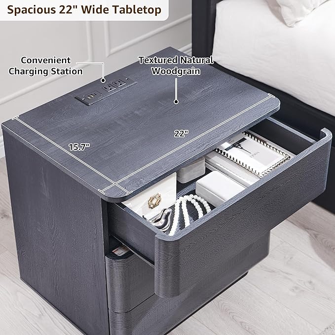 JXQTLINGMU 22" Modern Nightstand Set of 2 with Charging Station, Large Push-to-Open End Table, Wood Bedside Table, Curved Profile, Handleless 3 Drawer Night Stand for Bedroom, Living Room, Black-Ruum Studio Home