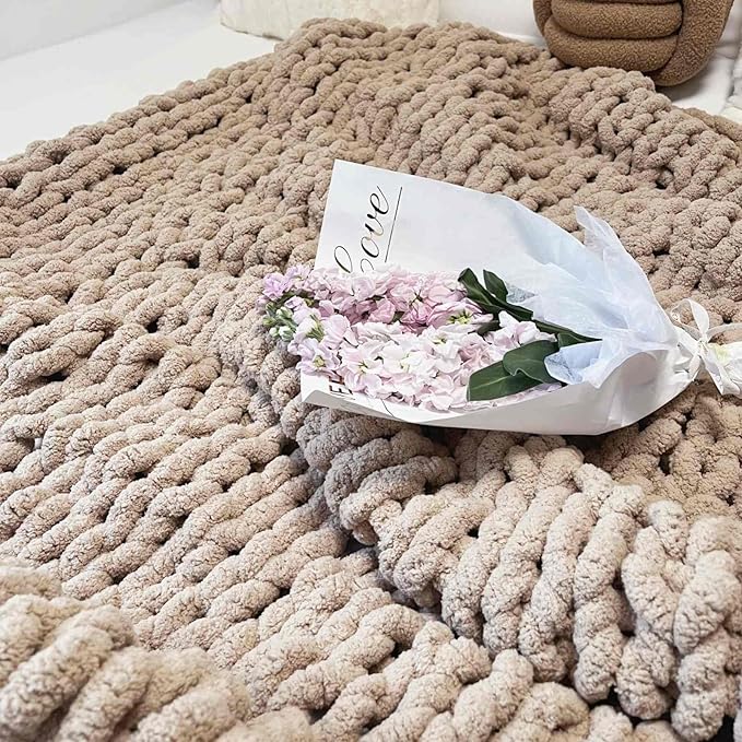 Chunky Knit Blanket Throw 40"×40", Chenille Throw Blankets, Handmade Warm & Cozy Blanket Couch Bed Home Decor, Soft Breathable Fleece Banket, Christmas for Couch Bed Sofa Best Gift (Tan)-Ruum Studio Home