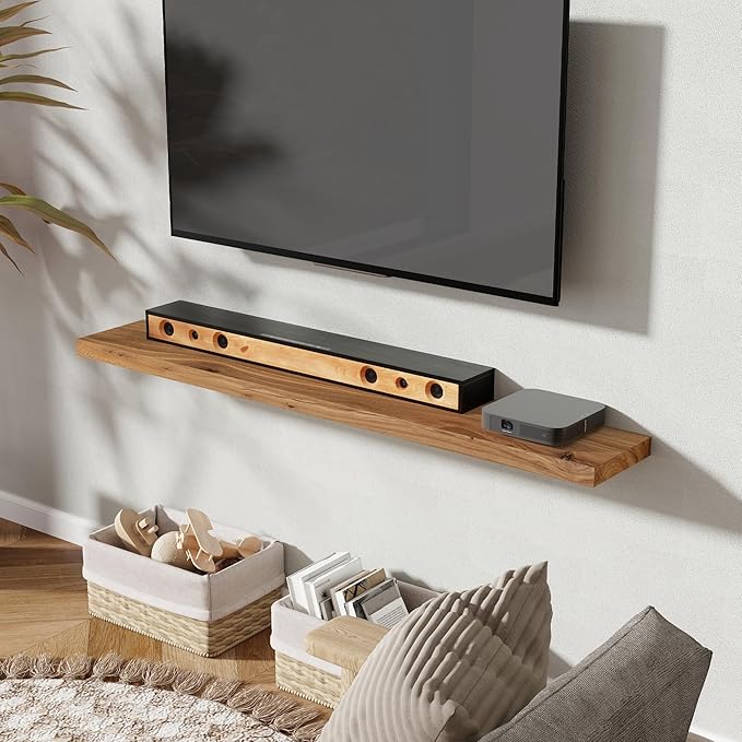 55" Floating Shelves for Wall, Rustic Elm Wood Floating Shelf for Home Decor, Wall-Mounted Display Shelves with Heavy-Duty Bracket, Long Floating Shelf for Bathroom, Kitchen, Natural Color-Ruum Studio Home