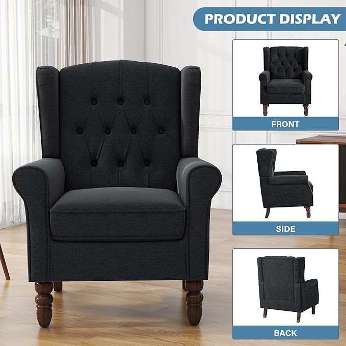 UIXE High Back Accent Chairs Set of 2, Upholstered Armchair in Fabric, Retro Wingback Arm Chair for Living Room, Comfy Single Sofa Bedroom Reading Seat with Solid Wood Legs - Black Blue-Ruum Studio Home
