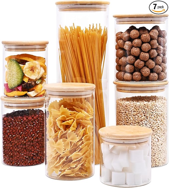 Glass Food Storage Jars, Glass Jars with Bamboo Lids, Kitchen Storage Jars, Canisters with Airtight Lids for Spice, Coffee, Cookie, Set of 7, Pantry Organizers-Ruum Studio Home