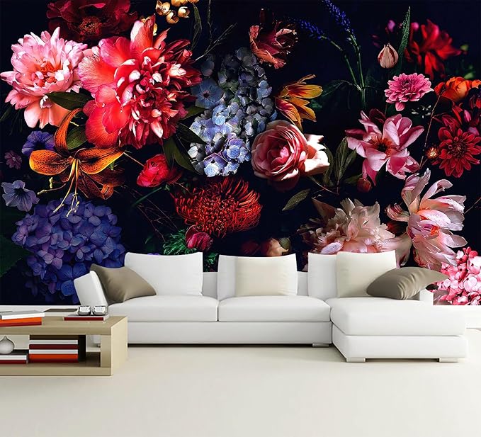 WFBHUA-Dark Floral Wallpaper Watercolor Pink and Blue Flower Wall Mural for Bedroom (Not Peel and Stick)-Ruum Studio Home