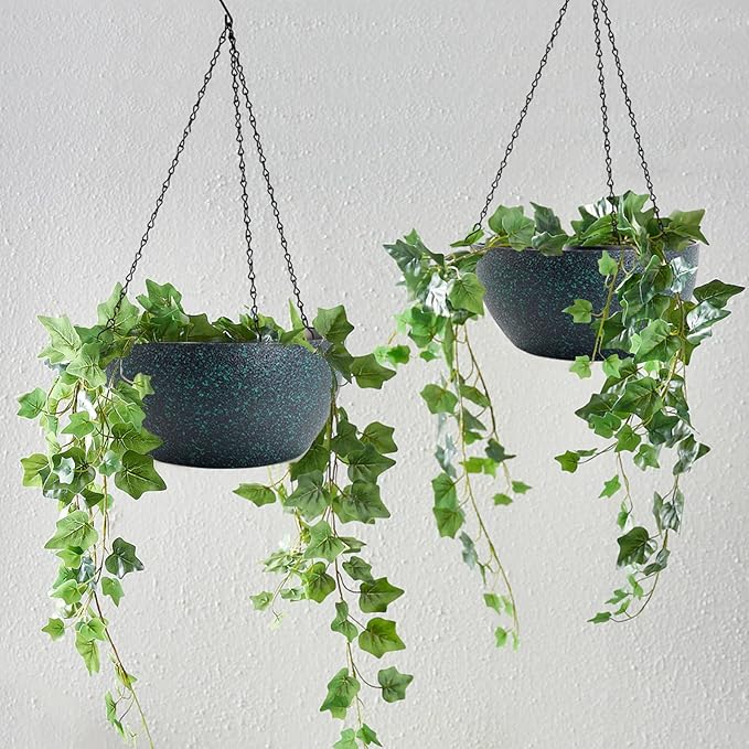 WOUSIWER 13 inch 2 Pack Large Hanging Planters for Indoor Outdoor Plants with Drainage Holes and Chain, Round Hanging Flower Pots for Garden Home Porch Decor, Black with Green Speckles-Ruum Studio Home