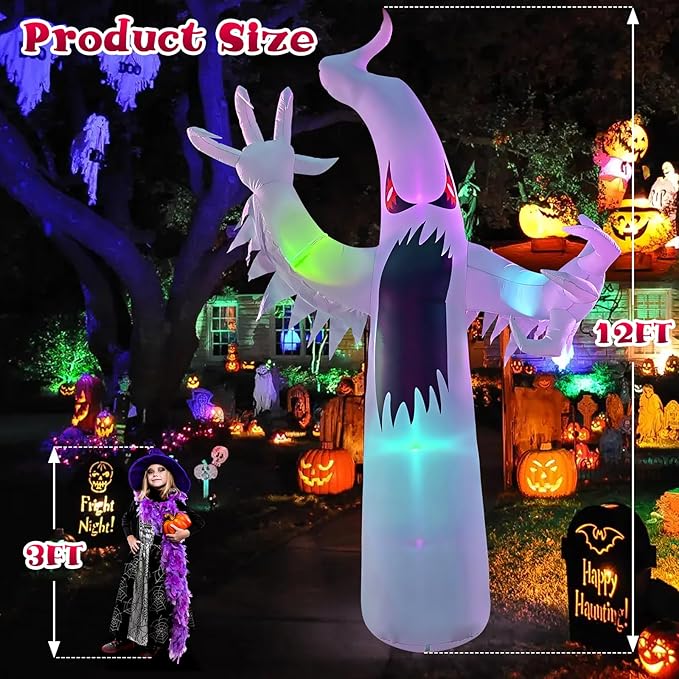 12FT Halloween Inflatables Giant White Ghost, Halloween Inflatable Outdoor Decoration, LED Colored Lights, Scary Red Eyes, Devil Claws, for Indoor and Outdoor Halloween Blow Ups Party Decorations-Ruum Studio Home