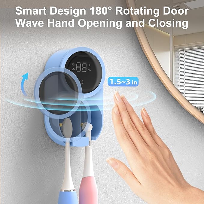 Toothbrush Holder and Cleaner for Bathroom Light Cleaning Fan Drying Round in Circle Automatic Rotating Cover Wall Mounted Smart Home Gadgets (02 Blue)-Ruum Studio Home