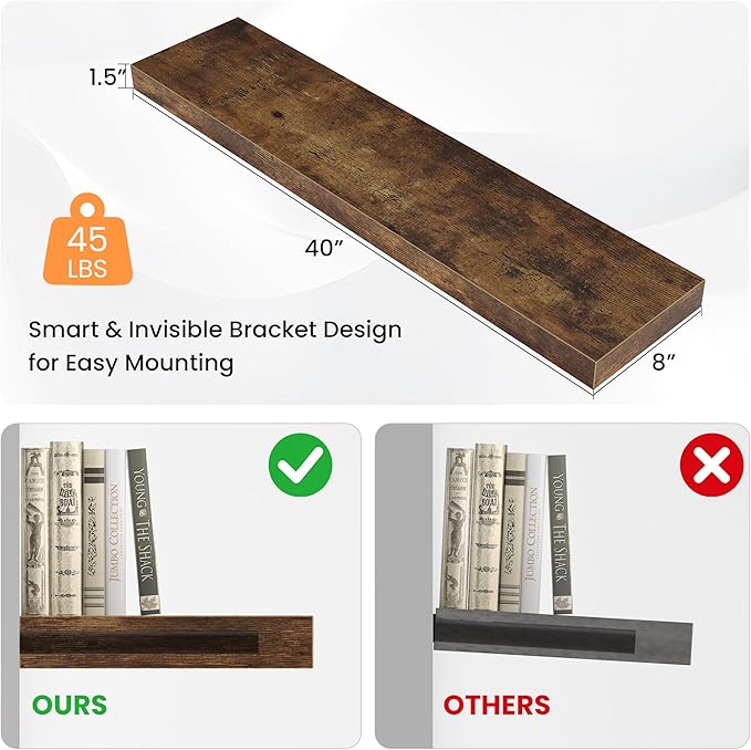 Floating Shelves for Wall, 40"W x 8"D x 1.5"H, Wooden Wall Mounted Display Shelves with Invisible Brackets for Living Room, Bedroom, Bathroom, Kitchen Decor and Storage, Set of 2, Rustic Brown-Ruum Studio Home