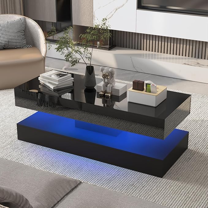 Uspeedy 47.3IN High Glossy LED Coffee Table,Modern Coffee Tables for Living Room,Living Rooms Tables,Large Living Room Furniture,APP LED Lights,Black/White Coffee Table for Livings Room (Black)-Ruum Studio Home