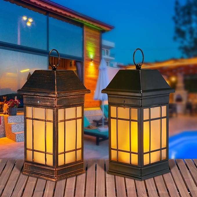 14" Solar Lantern Outdoor Waterproof, Glass Flickering Flame Solar Lanterns, Hanging Metal Lantern Decorative for Patio Front Porch Garden Backyard Tabletop Party Decoration-Ruum Studio Home