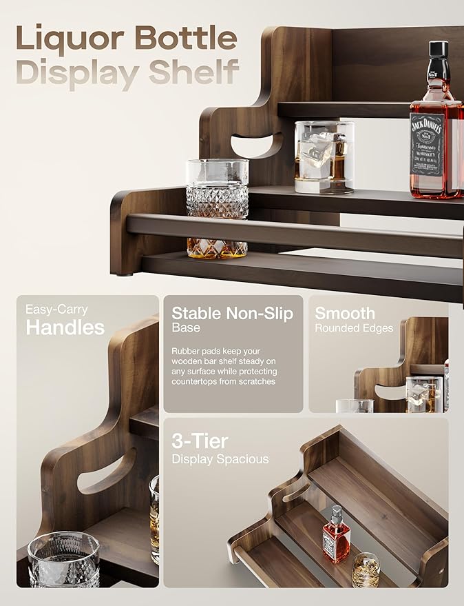 Tinamo Acacia Wood Liquor Bottle Display Shelf – 3-Tier Countertop Wine Rack, Bar Shelf – Whiskey Bar Stand for Home, Bottle Organizer for Countertop – Wine Holder with Handles (Walnut Color)-Ruum Studio Home