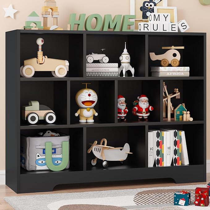 Book Shelf, 10 Cubes Storage Organizer, Freestanding Black Bookshelf Cube Shelf for Bedroom, Living Room, 3-Tier Open Bookshelf Wooden Bookcase-Ruum Studio Home