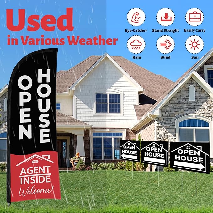 44 Pcs Open House Signs for Real Estate, Double Sided Open House Flag Kit, 7.6 x 5.4 Ft Black Banner Flag Poles Set for Outside, Directional Arrows Sign Stakes Balloons for Open House Supplies-Ruum Studio Home