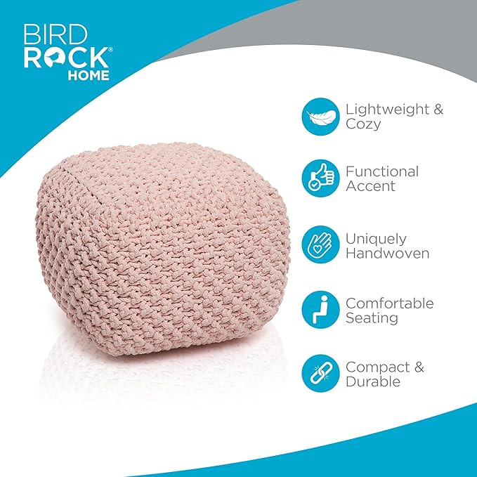 BIRDROCK HOME Square Pouf Ottoman | Cotton Braided Foot Stool with Bean Bag Filling | Boho Foot Rest for Living Room, Bedroom | Compact & Comfortable Seating, Lightweight & Sturdy | Dusty Rose-Ruum Studio Home