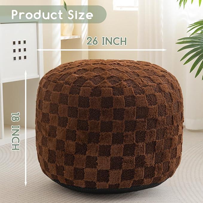 HIGOGOGO Round Stuffed Pouf Ottoman, Plaid Poufs with Foam Chunk Filling, Fluffy and Furry Pouf Foot Stool Storage Ottoman, 26 X 18 Floor Poufs Foot Rest for Living Room, Coffee-Ruum Studio Home