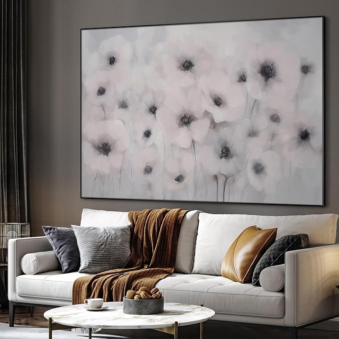 46"x60" Extra Large Framed Wall Art Soft White Poppies Watercolor Floral, Delicate Botanical for Home Living Room Bedroom Decor (Frame Assembly Required)-Ruum Studio Home