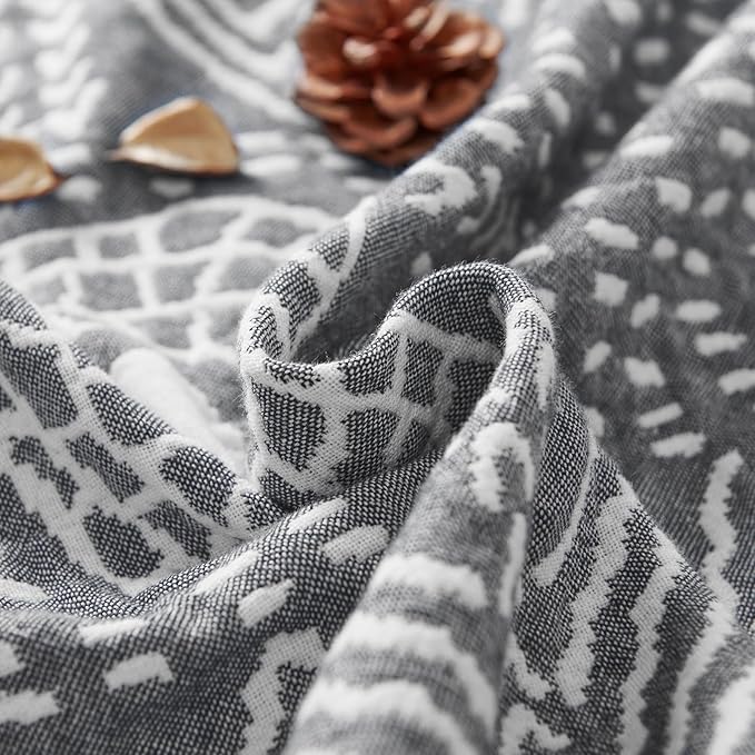 JINCHAN Boho 100% Cotton Muslin Blanket 3-Layer Twin Size Geometric Lightweight Reversible Soft Cozy Throw for Couch Sofa Bed All Season Coverlet Ideal Gift Bedroom Living Room Decor Grey 60x80 Inches-Ruum Studio Home