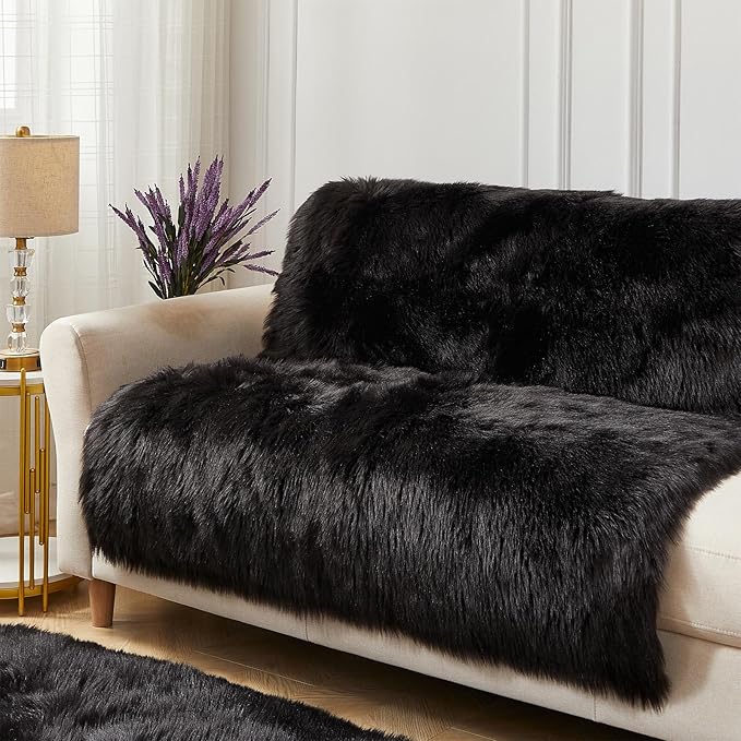 AMTOVO Faux Fur Sheepskin Rug for Living Room, 4 x 6 ft Black Fluffy Area Rug for Bedroom, Playroom, Luxury Room Decor, Rectangle-Ruum Studio Home
