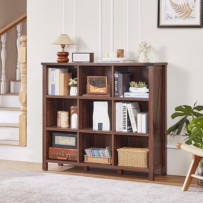9 Cube Bookcase, Farmhouse 47 Inch Wide Brown Walnut Bookshelf, Wooden 3 Tier Display Large Open Book Shelf, Vintage Horizontal Book Case for Home Office, Cubby Storage Cabinet for Living Room-Ruum Studio Home